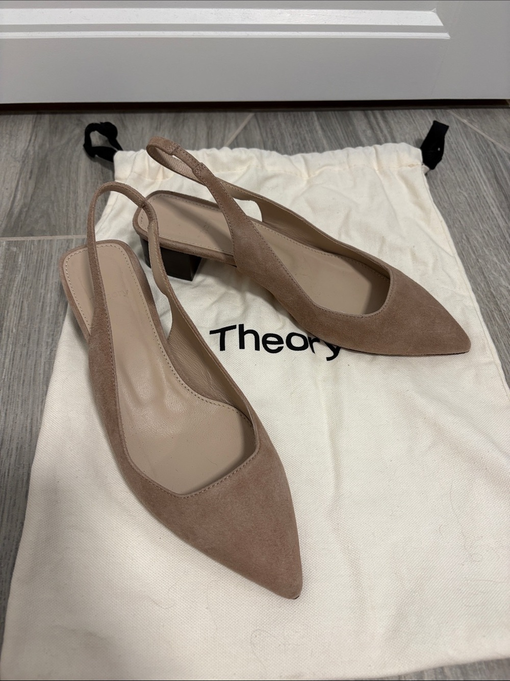 Theory Taupe Suede Pointed-Toe Slingback Mules